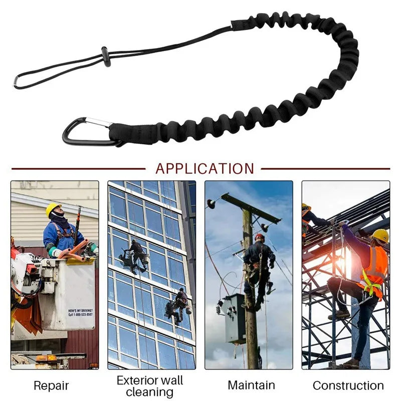 Black adjustable elastic tow rope used for various applications including repair, cleaning, maintenance, and construction.