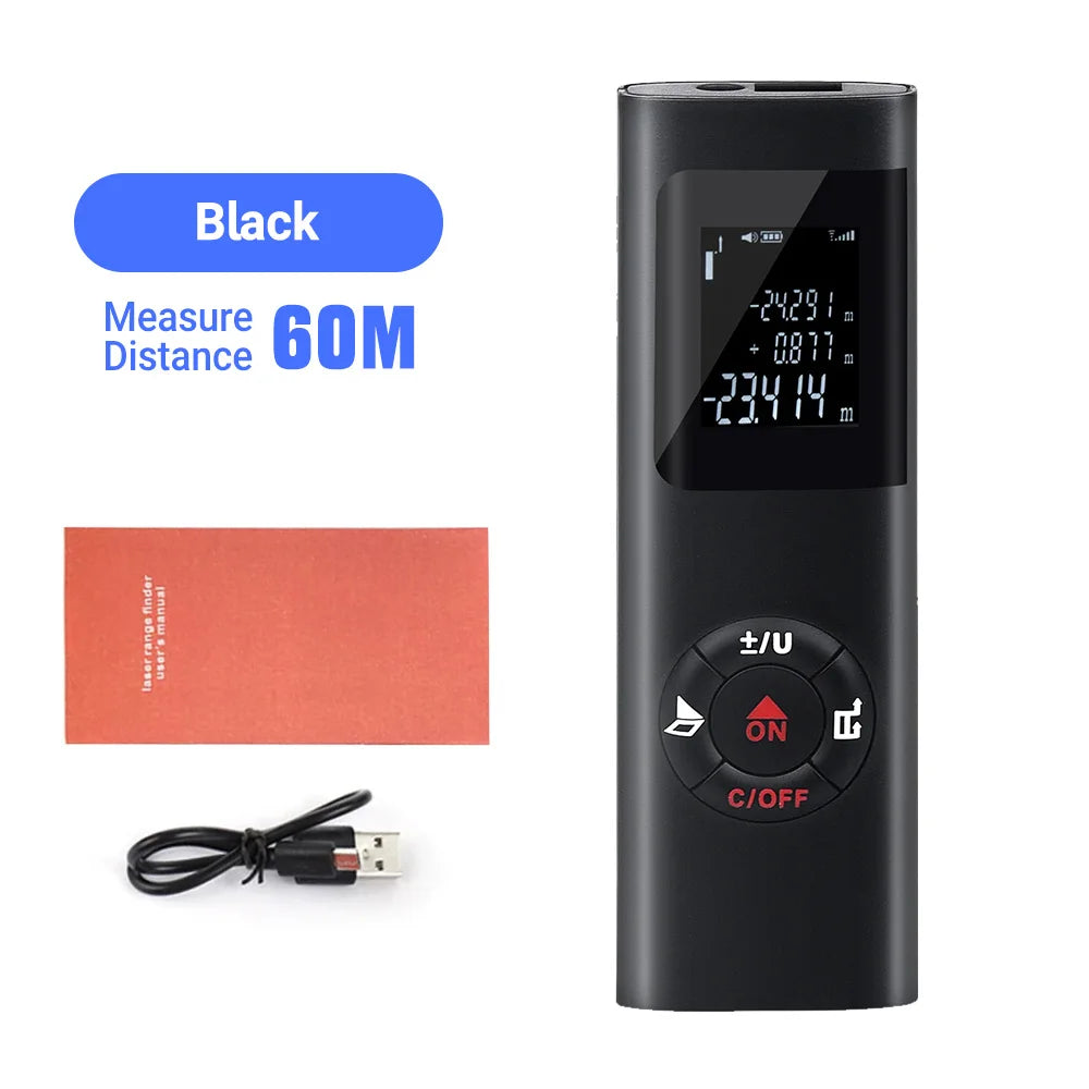 A black precision laser measuring tool displaying a distance measurement of 23.414 meters.