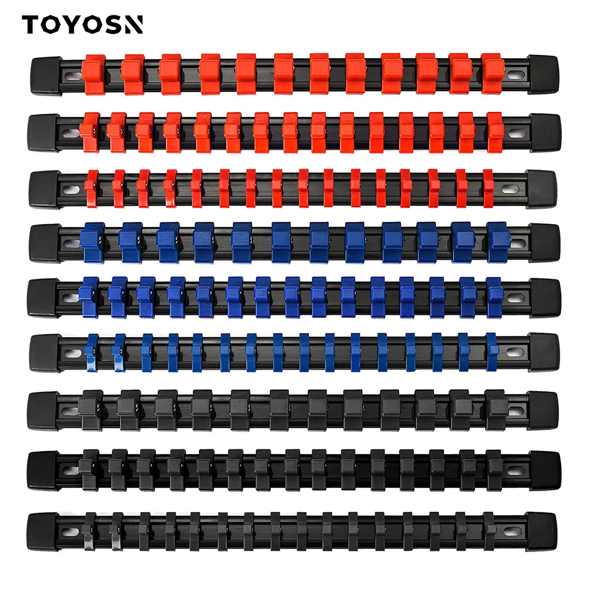 A set of black and red plastic socket organizer rails for repair tools.
