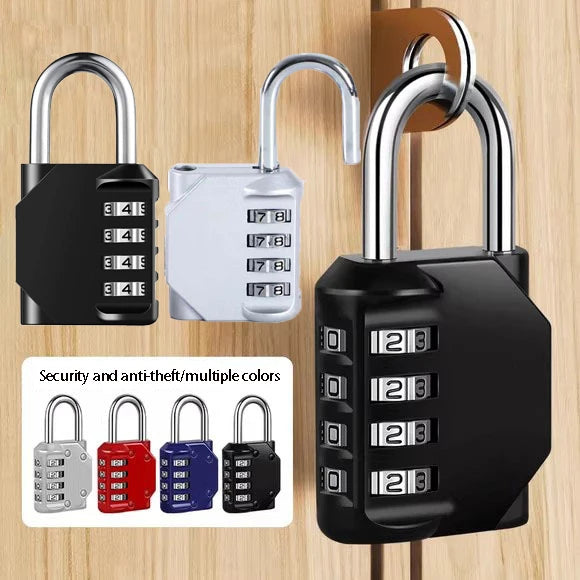 A set of heavy duty combination padlocks in black and silver, showing various lock types and color options.
