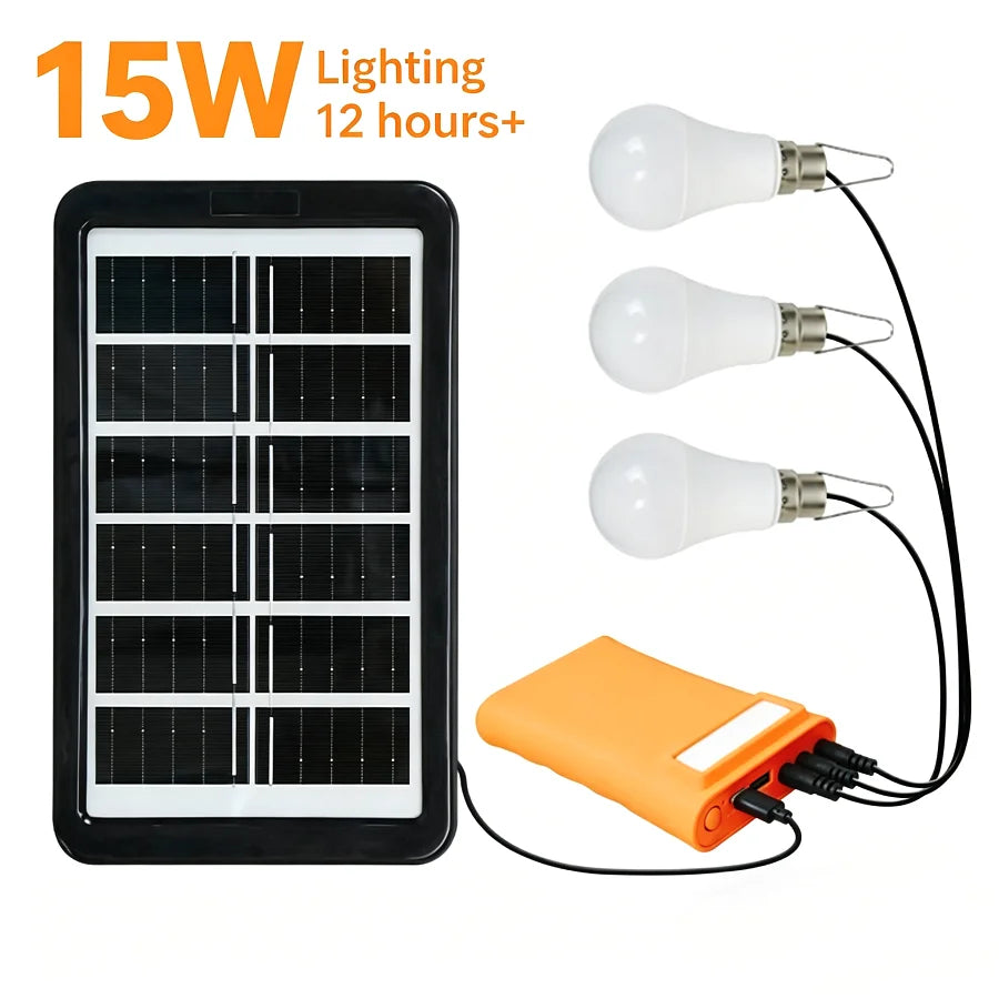 Schwarzes Solarmodul mit Zellen und Kabeln, das an eine weiße LED-Glühbirne und einen orange Stromadapter angeschlossen ist.