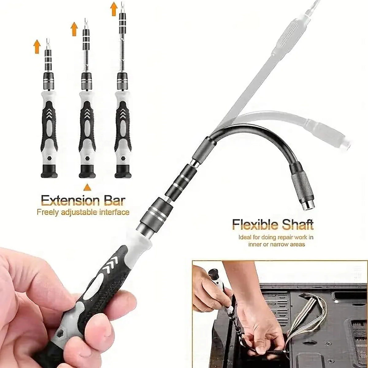 A precision screwdriver extension bar and flexible shaft are shown with a hand, alongside various tools.