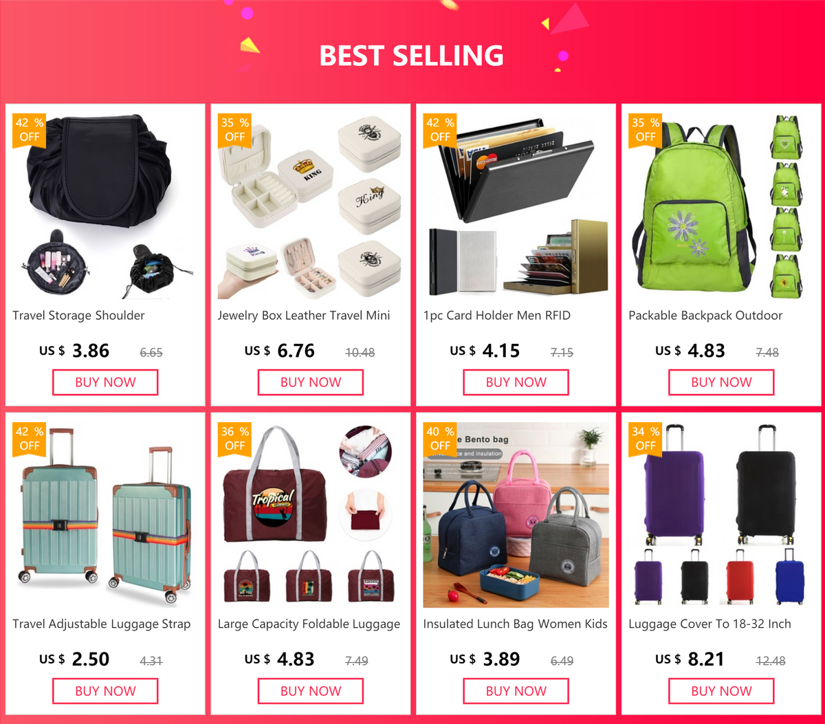 A collection of various bags including a travel storage shoulder bag, jewelry box, card holder, backpack, and luggage.