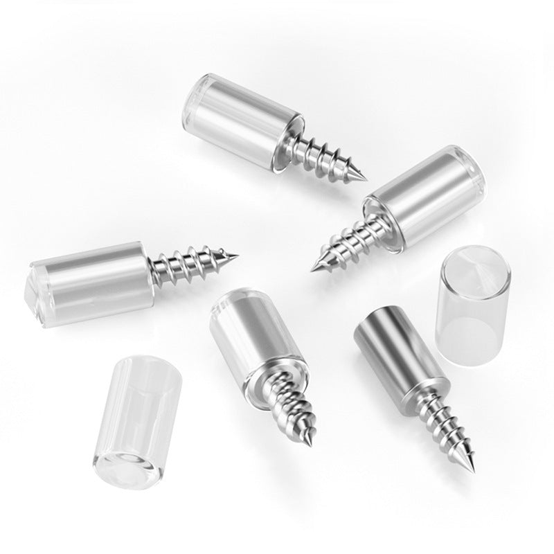 A collection of silver cabinet partition support screws shown at various angles.