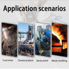 Application scenarios showing industrial work like coal mining, chemical plants, spray painting, and metal smelting.
