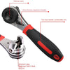 A close-up view of an adjustable chrome ratchet wrench with a two-tone handle and direction adjustment paddles.