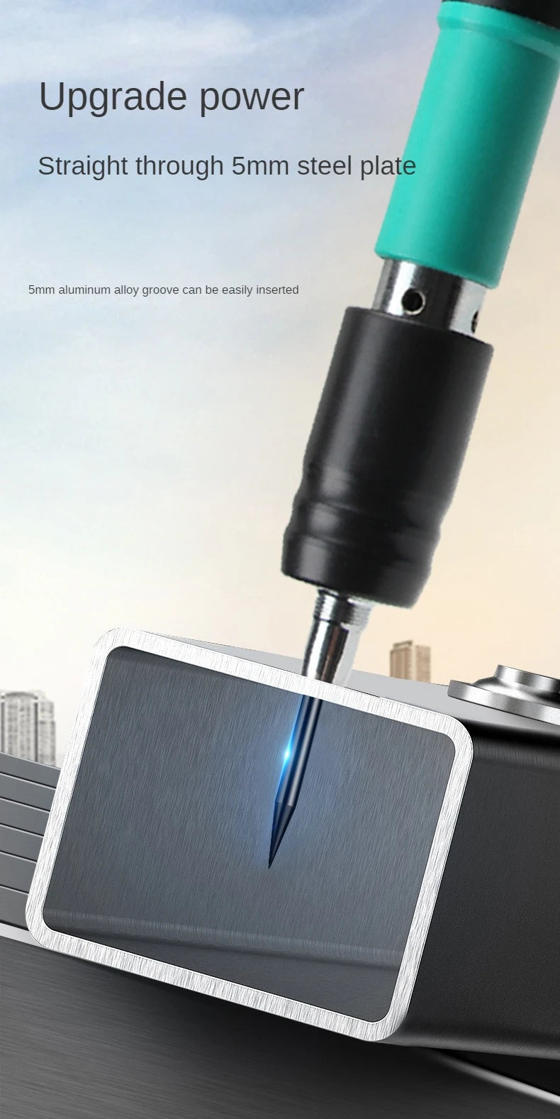 A close-up of a manual steel nail gun inserting a 5mm aluminum alloy groove through a steel plate.