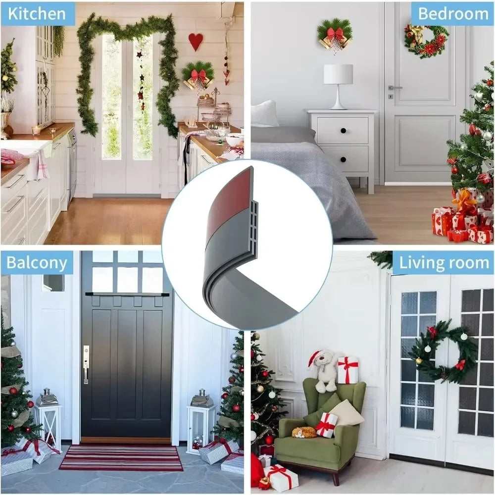 A collection of images showing a long windproof door draft stopper seal strip in various contexts like kitchens, bedrooms, ba