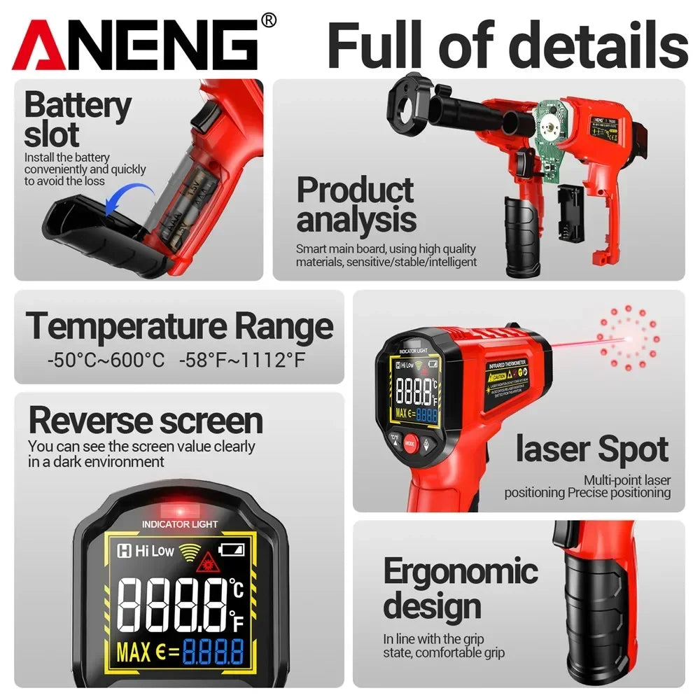 AnENG infrared thermometer in red showing features like battery slot, temperature range, reverse screen, laser spot, and ergo