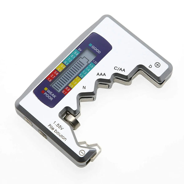 A portable battery capacity indicator device showing a rating of GOOD for 1.5V power.