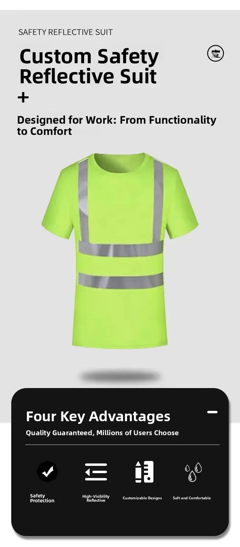 A bright lime green safety reflective shirt with horizontal silver stripes, designed for work functionality and comfort.