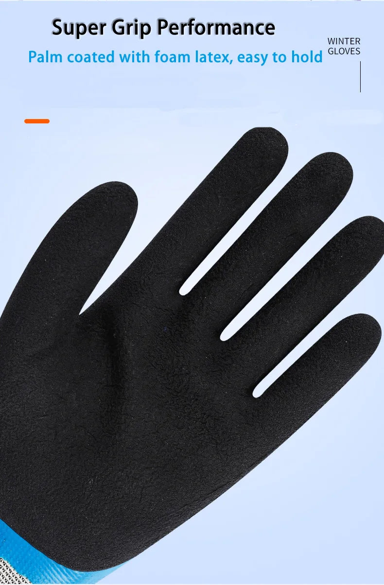 Close-up of a black palm-coated foam latex winter glove being held, showing its grip performance.
