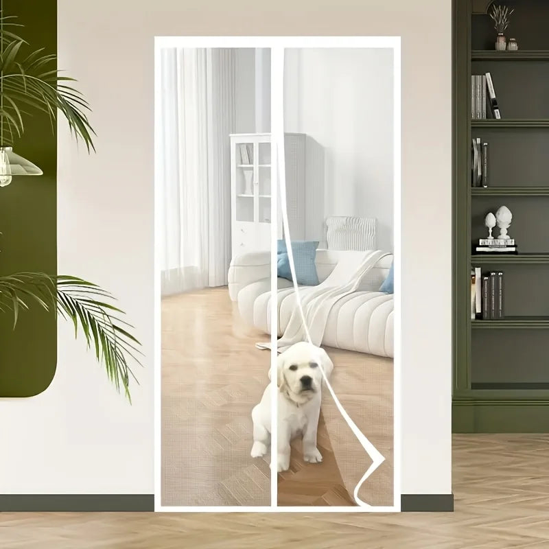 A white magnetic screen door is shown in a doorway, with a light-colored sofa visible in the background.