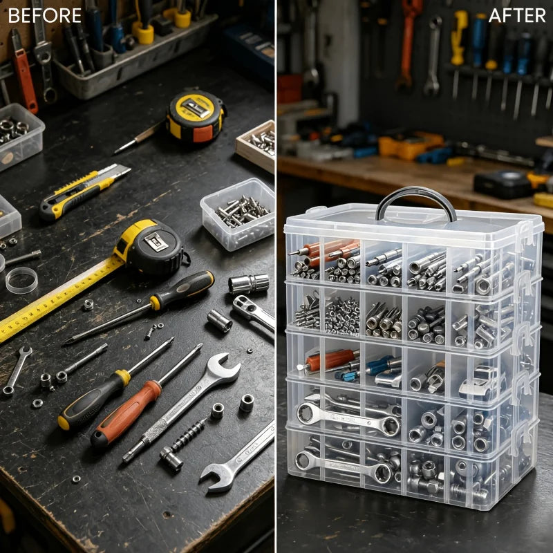A clear plastic storage box filled with various tools and hardware components like screws, wrenches, and metal parts.