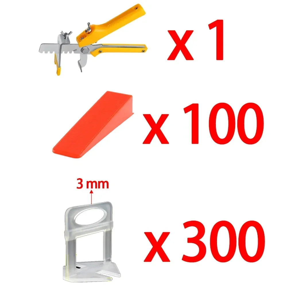 A set of professional tile leveling and spacing kit components including a yellow tool, red pieces, and clear plastic pieces.