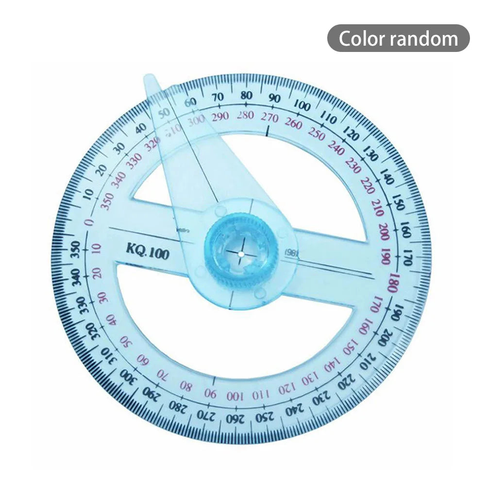 A precision stainless steel straight ruler set with a circular scale marked in degrees and numbers.