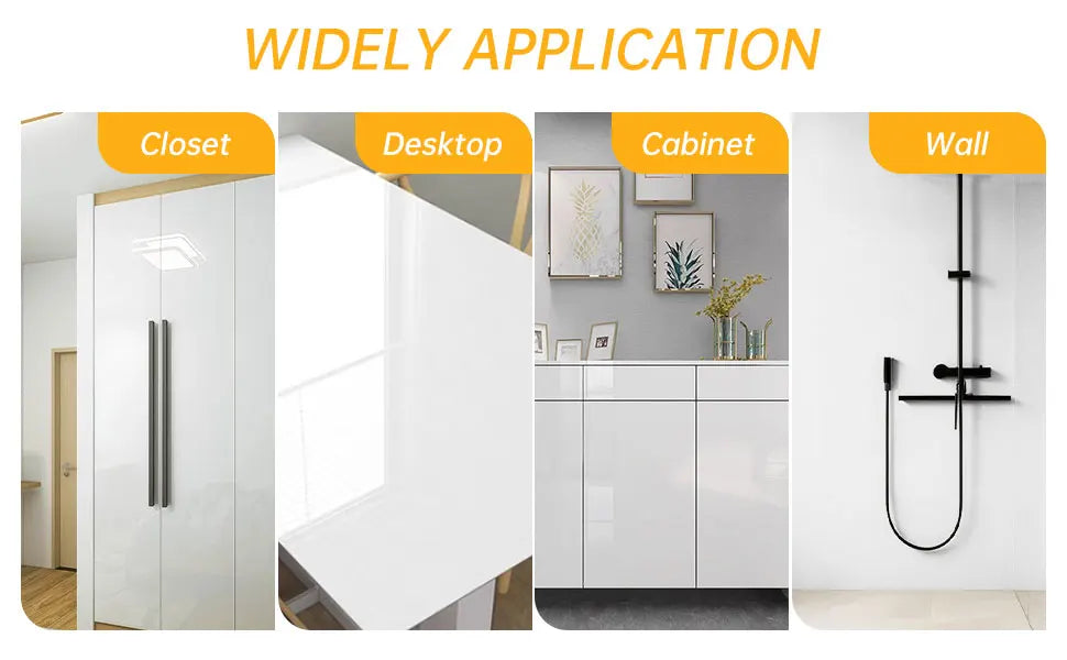 Pearlescent PVC self-adhesive wall stickers shown applied to a closet, desktop, cabinet, and wall.