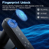 Close-up of a fingerprint unlock mechanism on a door lock showing a successful scan with blue light.