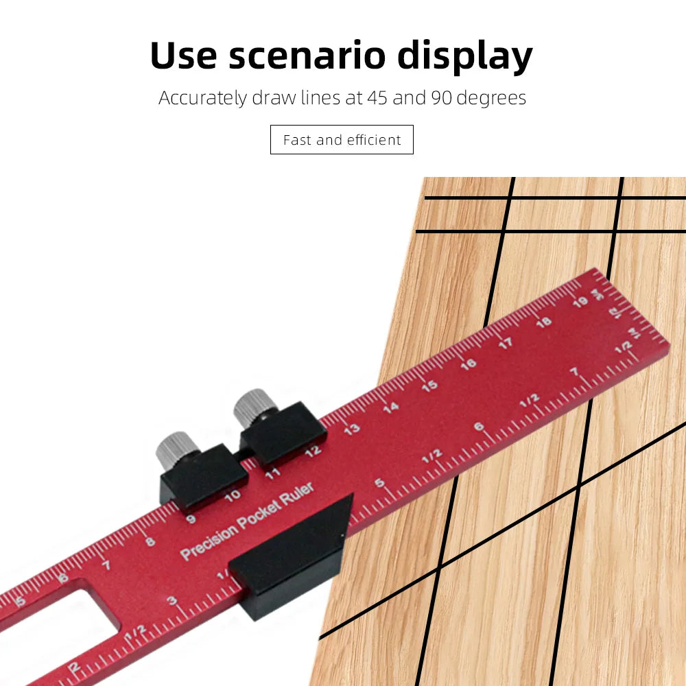 A red precision aluminum woodworking ruler showing markings and lines on a wooden surface.