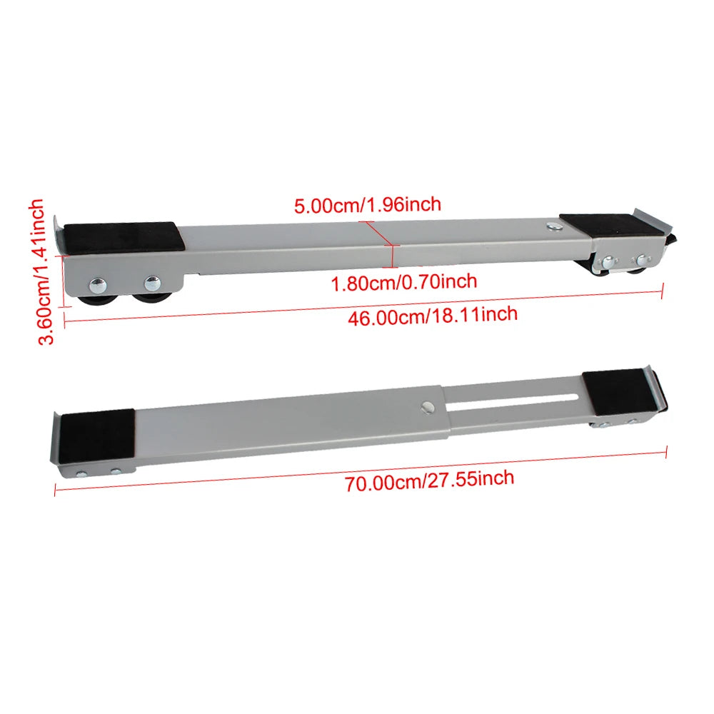A silver metal appliance stand with various dimensions shown for reference.