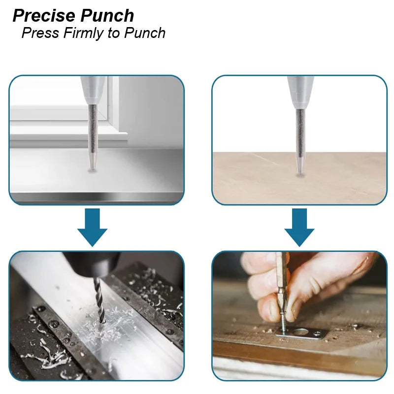 Close-up of a heavy duty automatic center punch tool being used to strike a mark on a metal surface.