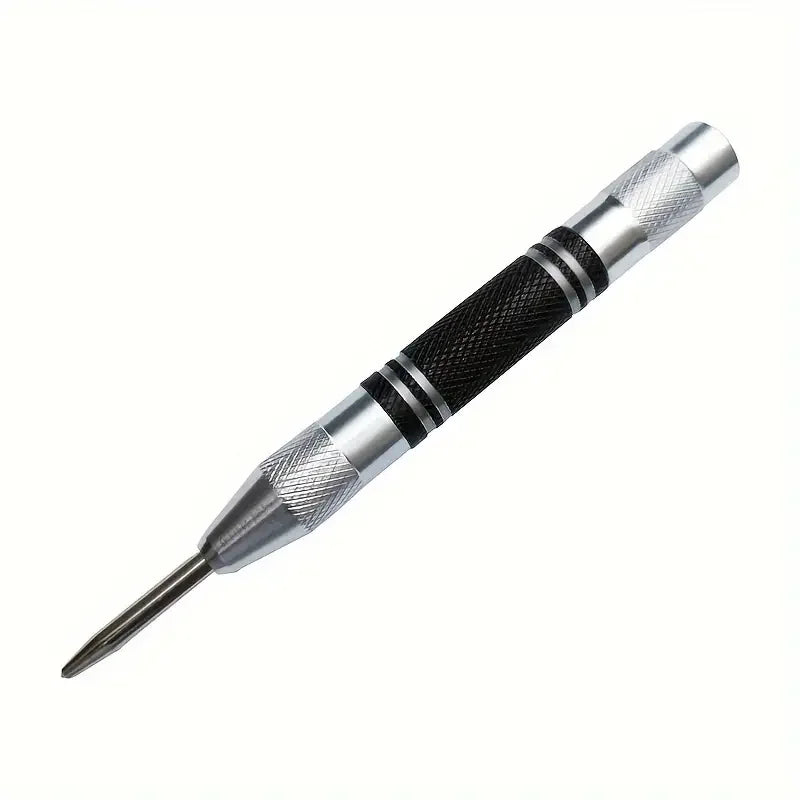 A silver and black heavy duty automatic center punch tool with a pointed tip.