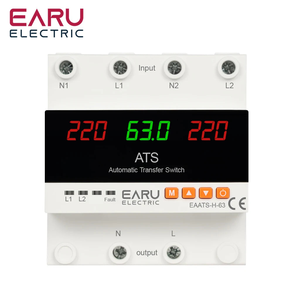 A black electrical relay labeled EARU ELECTRIC showing an ATS with 220V input and output.
