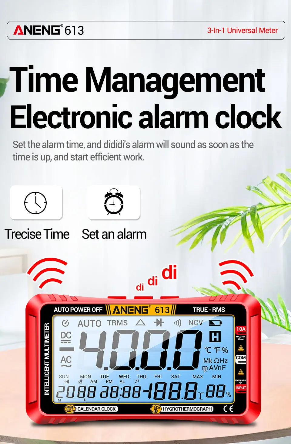 A red digital multimeter with a display showing 4.000 and various measurement options is shown next to a plant.