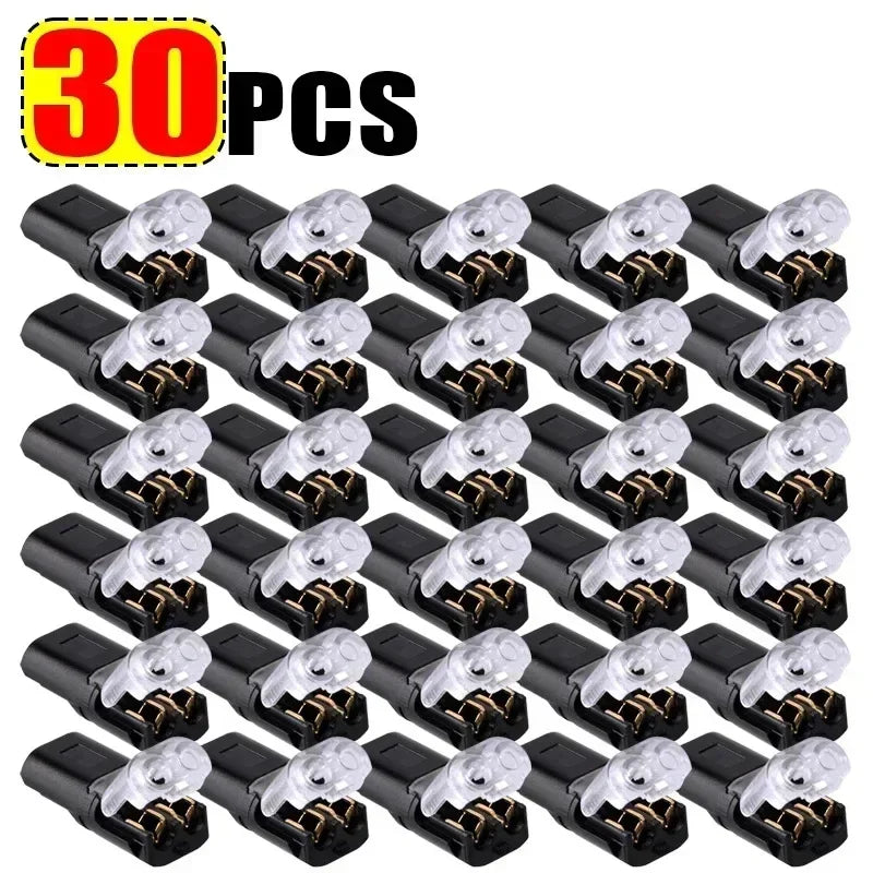 30 pieces of universal double-wire LED plug connectors with black housing and clear wire insulation.