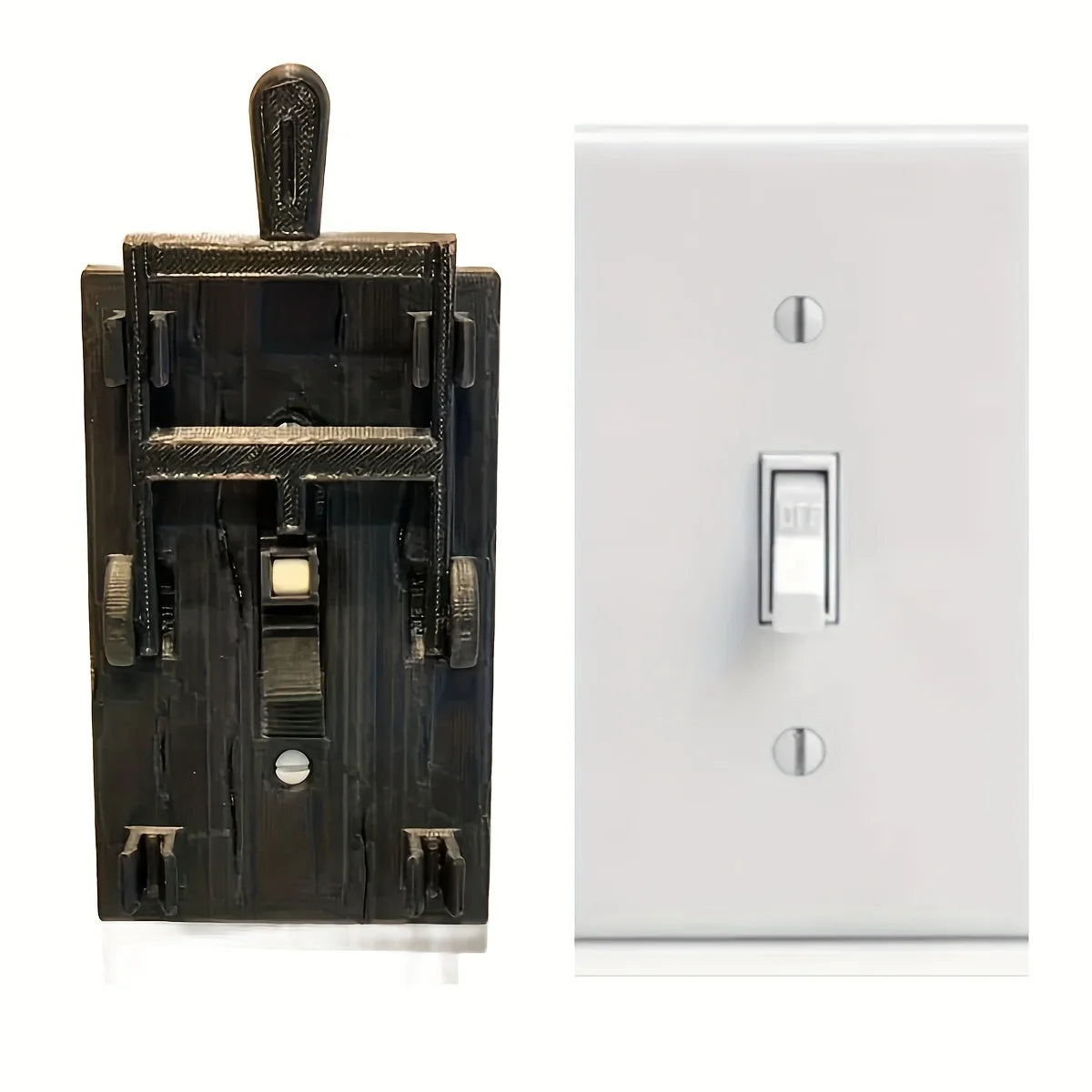 A black decorative flip handle light switch cover mounted on a white electrical plate.