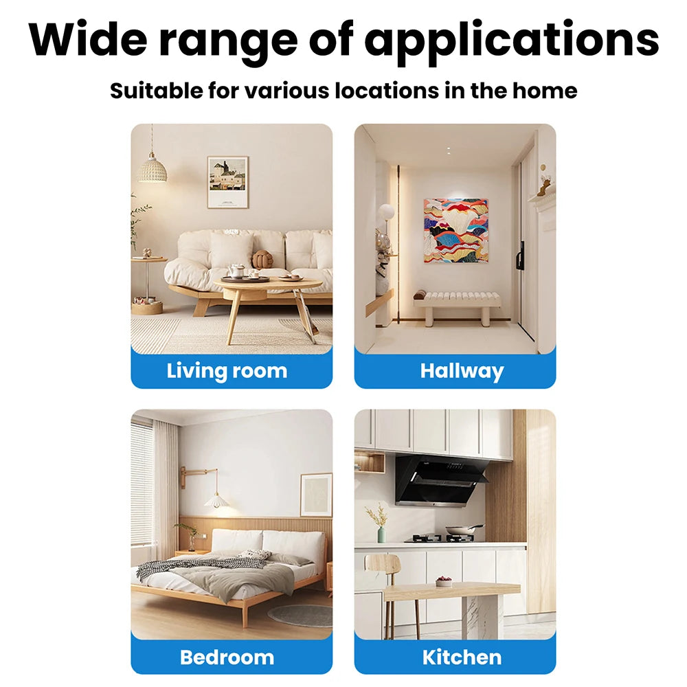 Various applications of a motion sensor LED lamp base converter shown in living room, hallway, bedroom, and kitchen settings.