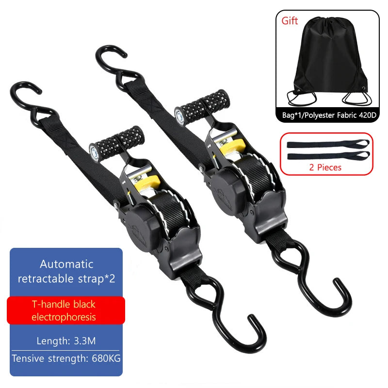 Black heavy duty retractable strap with T-handle and electrophoresis for tie down