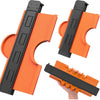 A set of black precision contour gauges and orange profile duplicators shown in various angles.