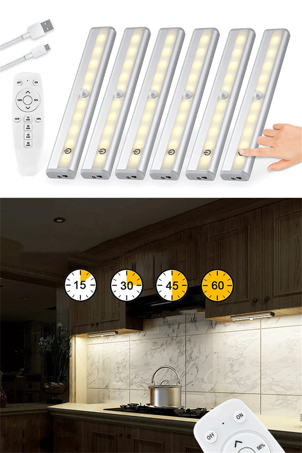 Wireless under cabinet LED light bar with remote control shown next to multiple light bars and a control device.