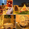 A golden pyramid tent decorated with string lights and orange flowers in an outdoor garden setting.