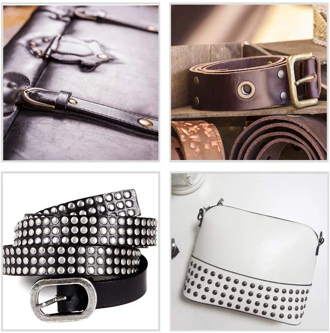A collection of black leather straps featuring precision metal rivets and buckles for repair or decoration.