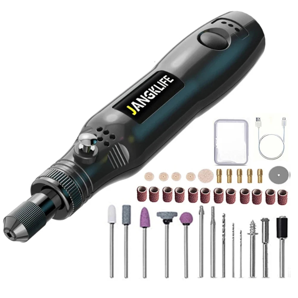 A black USB cordless rotary tool kit for crafting and engraving showing various bits and accessories.