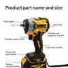 A DEWALT cordless impact wrench tool showing various parts like the heat vent, variable speed switch, and battery.