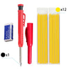 A set of twelve red pencils with yellow refills in a clear plastic container.