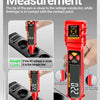 A red multi-functional AC voltage tester is shown measuring voltage on a socket, demonstrating line and neut plug detection.