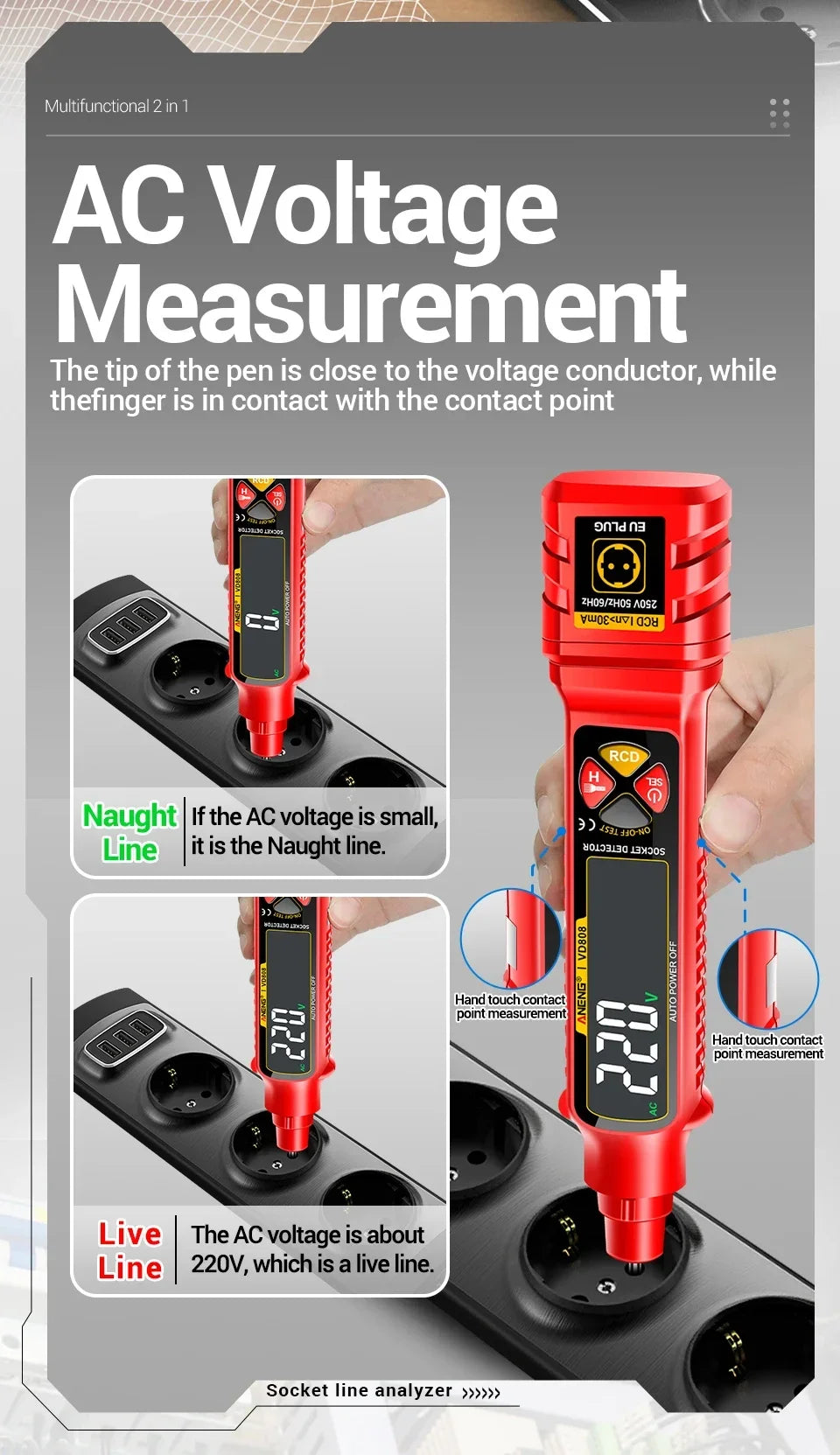 A red multi-functional AC voltage tester is shown measuring voltage on a socket, demonstrating line and neut plug detection.