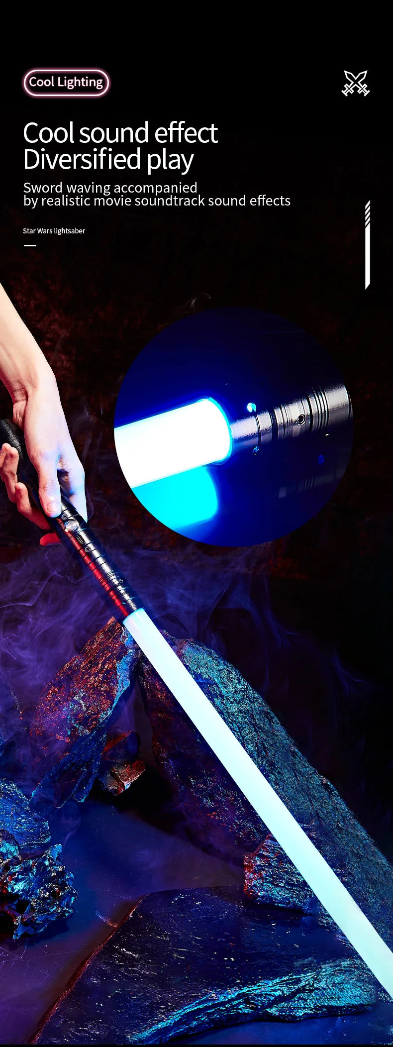 A glowing white lightsaber is held by a hand, set against a dark background with blue and purple lighting effects.