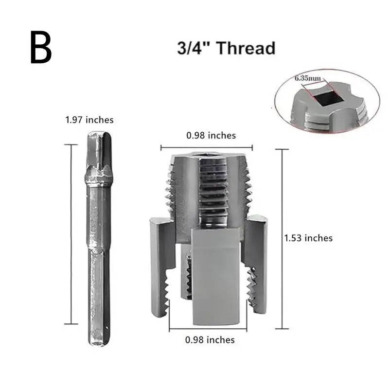 A heavy duty pipe thread cutting tool with a 3/4 inch thread, shown in various views.