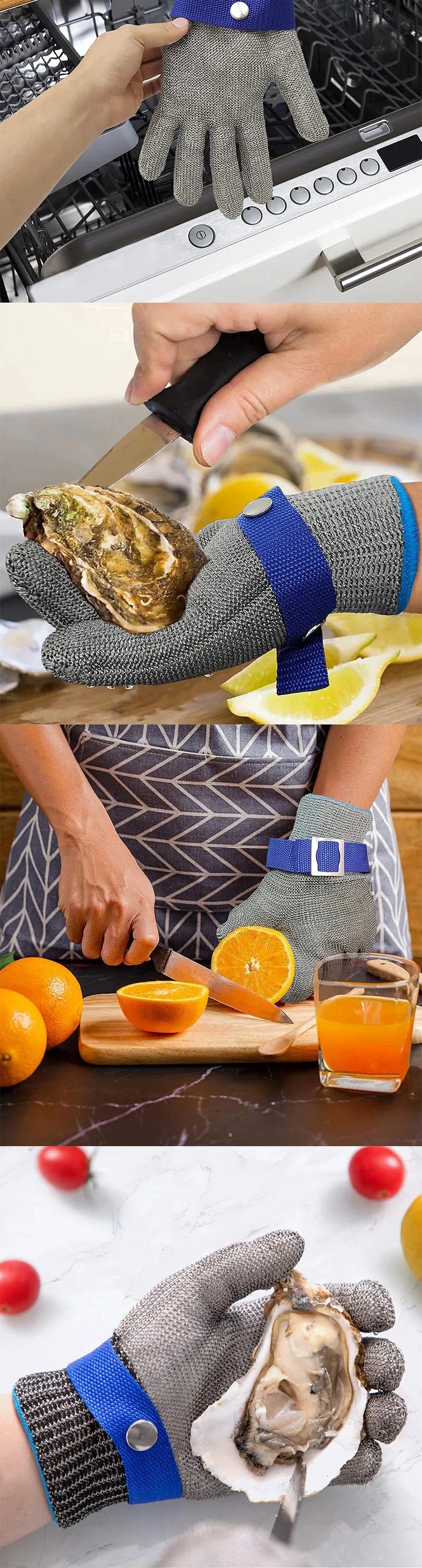 A hand wearing a stainless steel anti-cut safety glove is holding a seashell, demonstrating the product's use.
