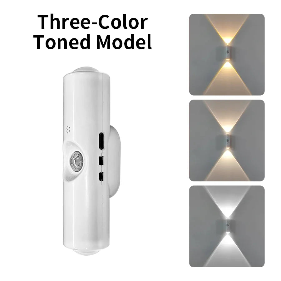 A white three-color toned model smart RGB gradient motion sensor wall light shown in multiple views.