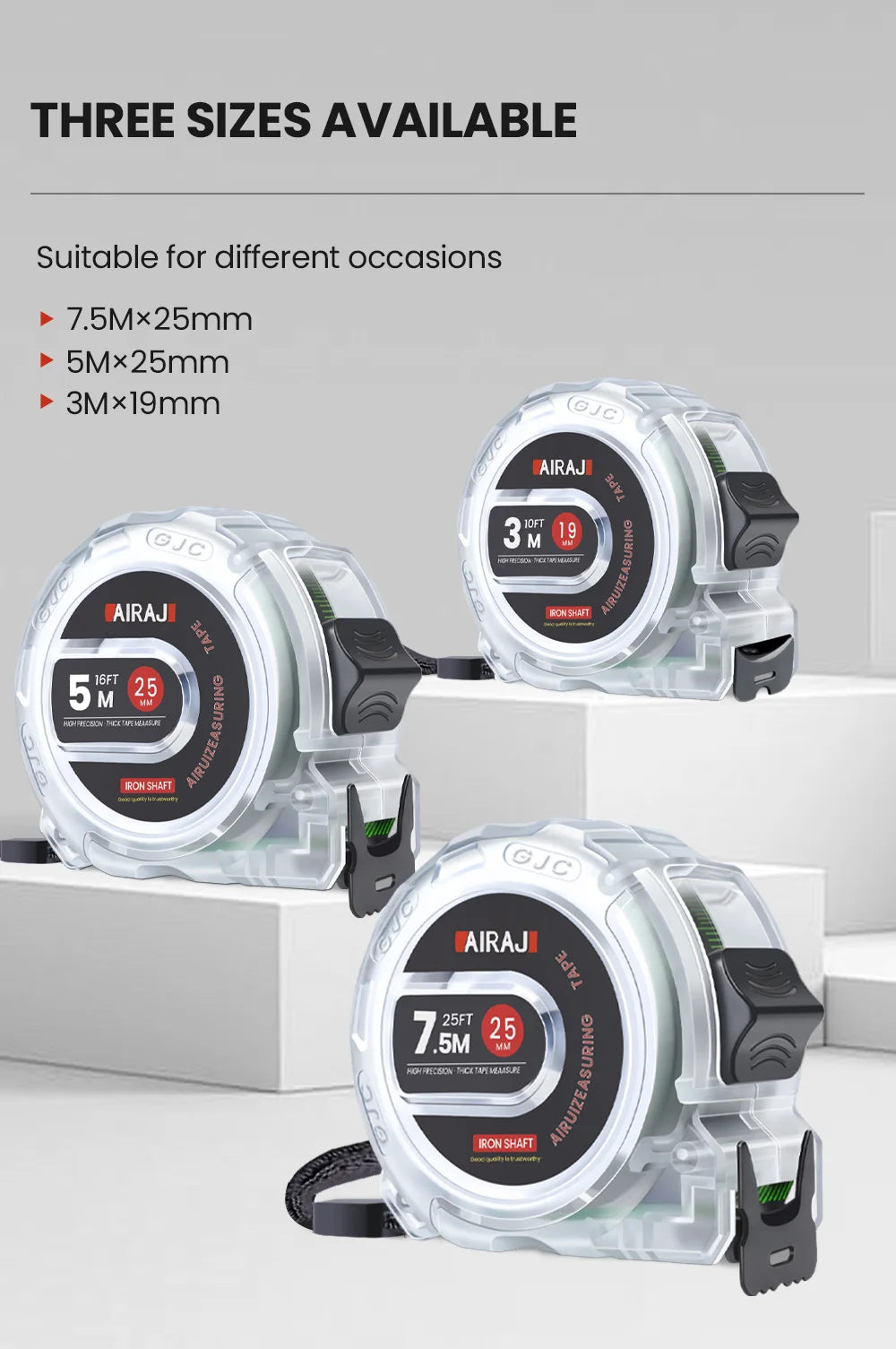 Three sizes of Airaj fluorescent tape measures are displayed, showing options for 3M, 5M, and 7.5M tape.