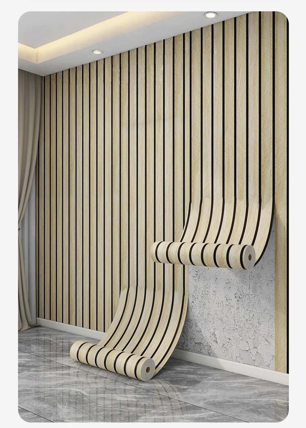 Modernes Interieur mit vertikaler Holzmaserest-Wanddekal und passendem gebogenem Holzstuhl.