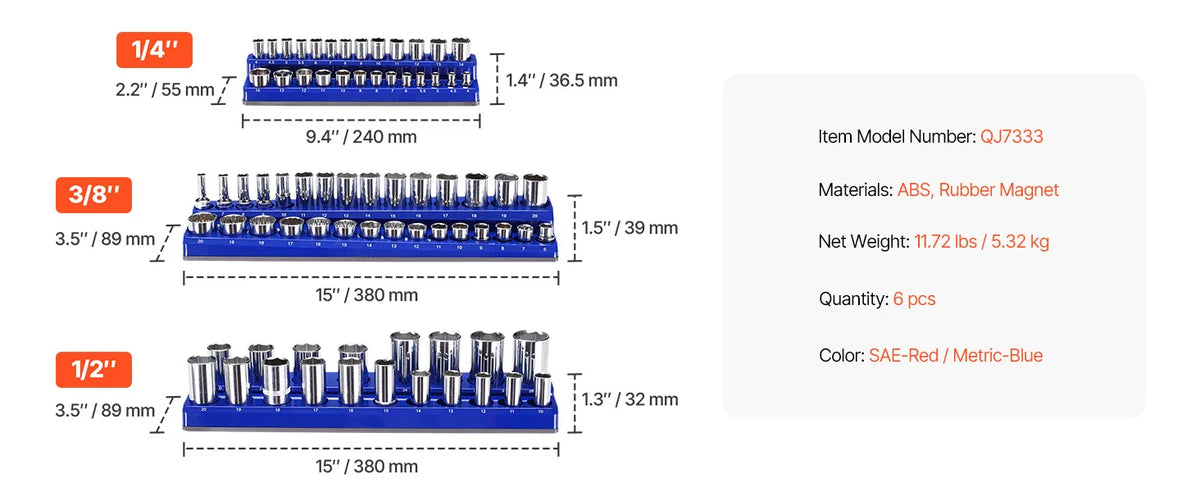 A set of magnetic socket organizers in SAE and metric sizes, including 1/4 inch, 3/8 inch, and 1/2 inch tools.