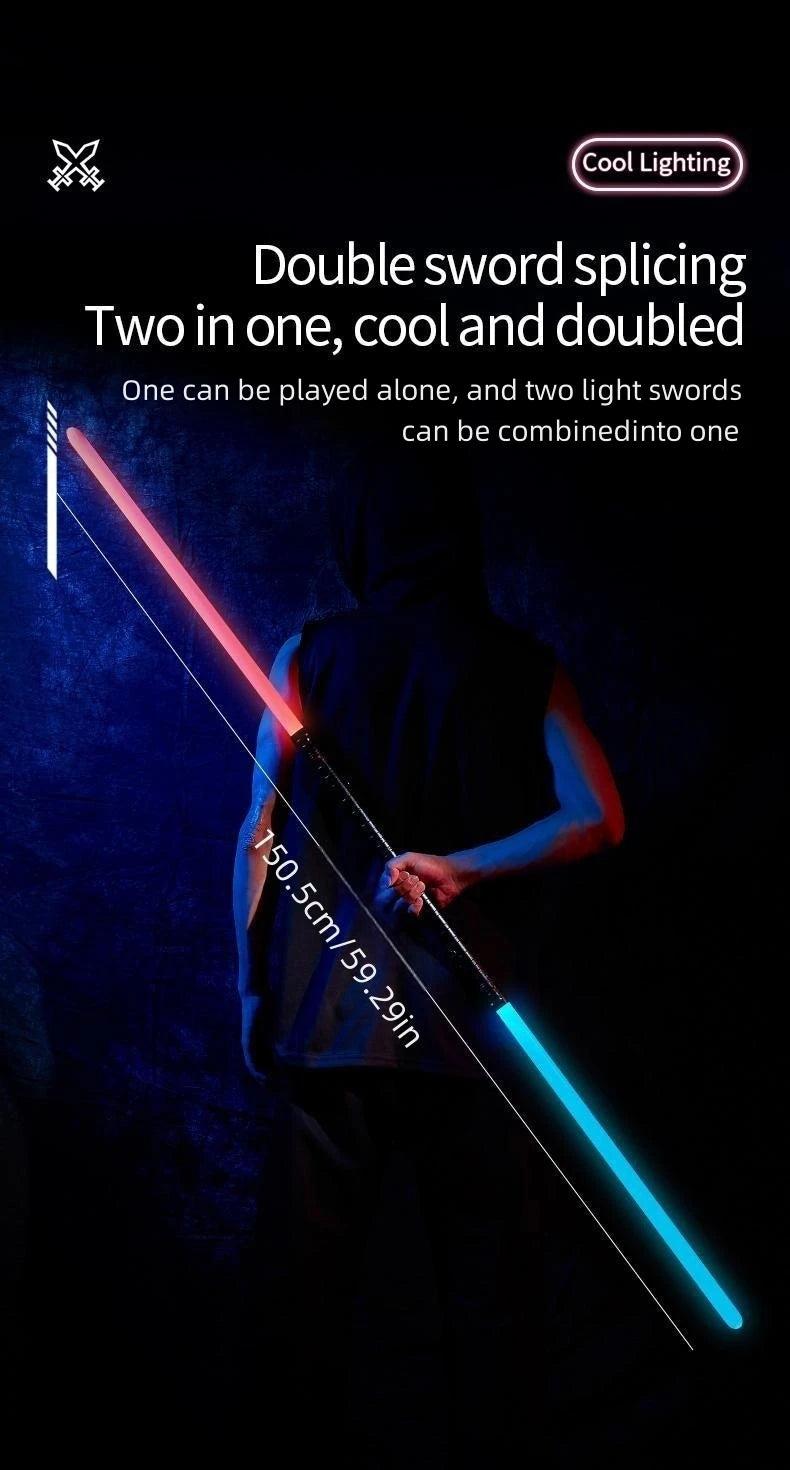 A person holds a glowing dual-colored lightsaber, demonstrating the double sword splicing feature.
