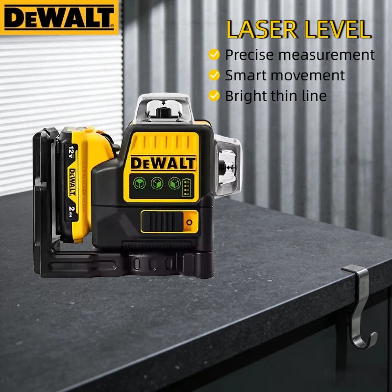 A yellow and black DeWalt laser level tool is shown on a dark surface, highlighting its features.
